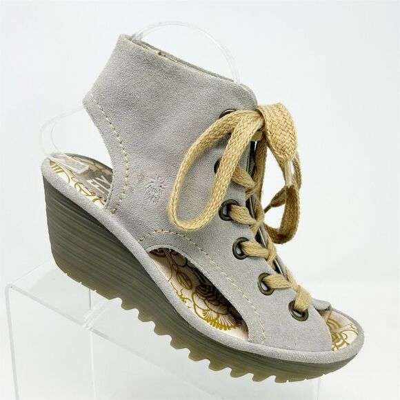 Fly London Women's Gray and Tan Suede Lace-Up Wedge Sandals Size 38 (US 7-7.5) - Picture 1 of 13